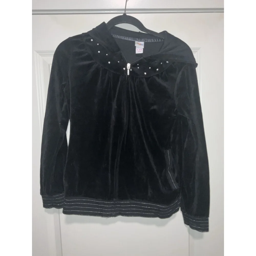 CIRCO Girls Zip Hoodie Jeweled Accents Black Velour Jacket Size 14/16
